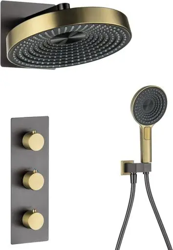 Shower Faucet Set Thermostatic Shower System Brushed Gold and Gun Gray Shower Kit with Valve and Shower Head, Wall Mounted Shower Head Sets with Handheld Shower Head