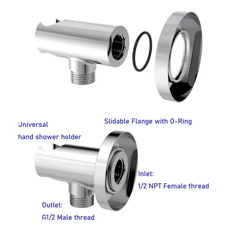 Aquaiaw Wall Supply Elbow with O-Ring Flange, Tapered 1/2 NPT Female Inlet, Solid Brass Wall Union W/Handshower Holder, Round Wall Supply Elbow W/Hand Shower bracket, G1/2 Outlet